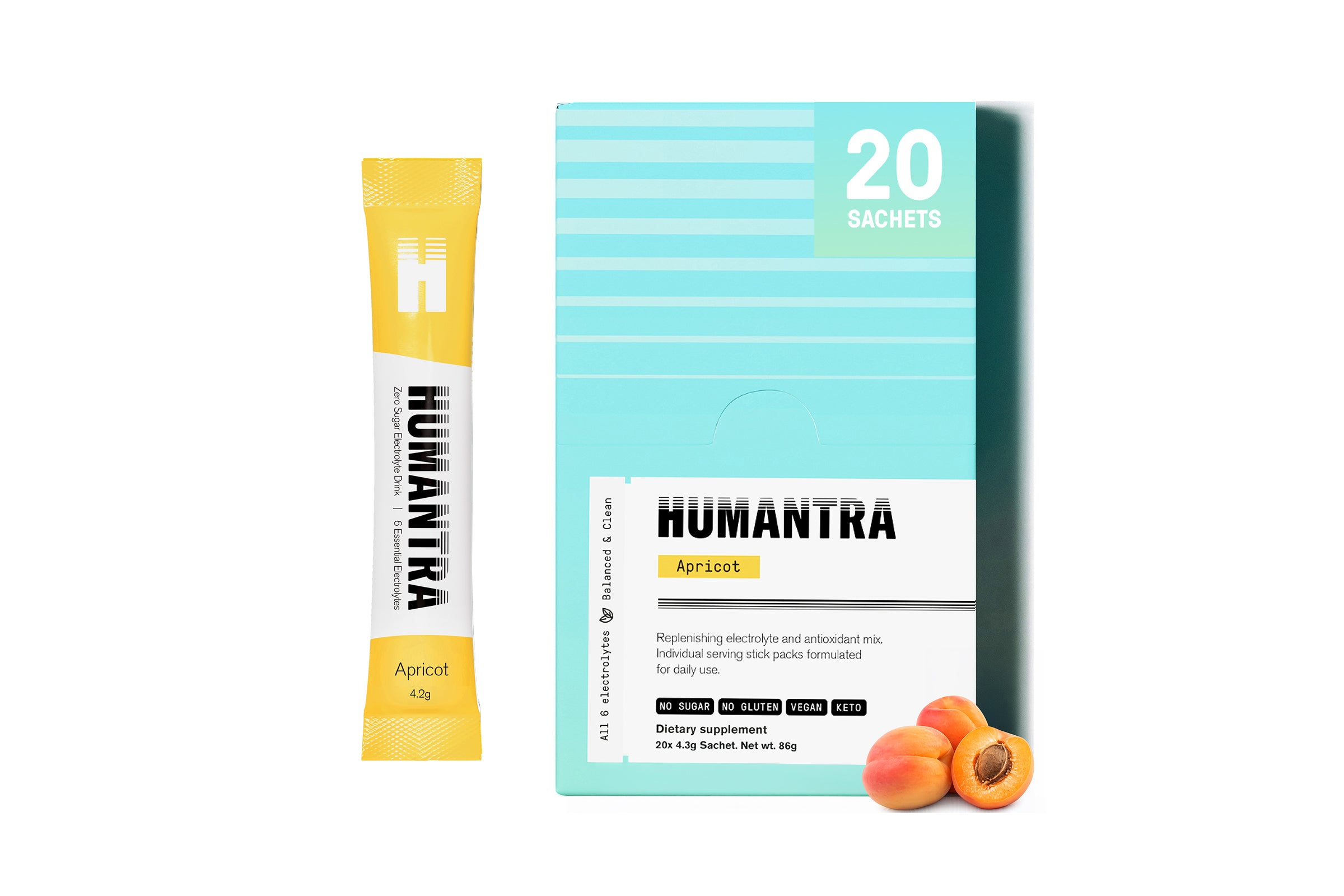 Humantra Electrolyte Powder – Apricot (20 Sachets) | 6-Electrolyte Hydration | Plant-Based, Vegan, Sugar Free & Gluten Free