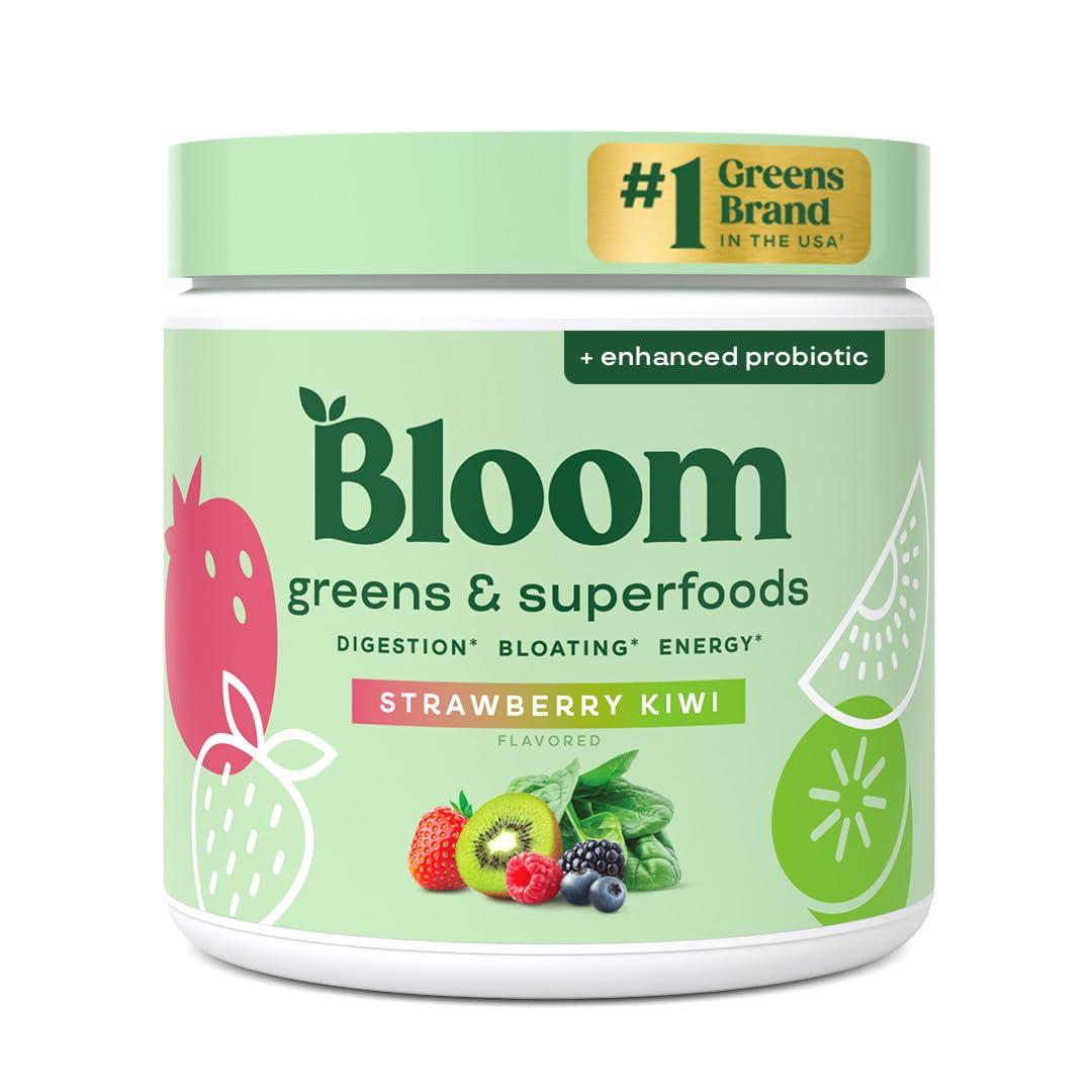 Bloom Nutrition Super Greens & Superfood Powder – Strawberry Kiwi Flavor, powder container