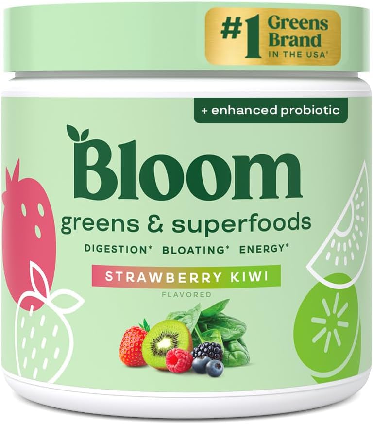 Bloom Nutrition Super Greens & Superfood Powder – Strawberry Kiwi Flavor, powder container