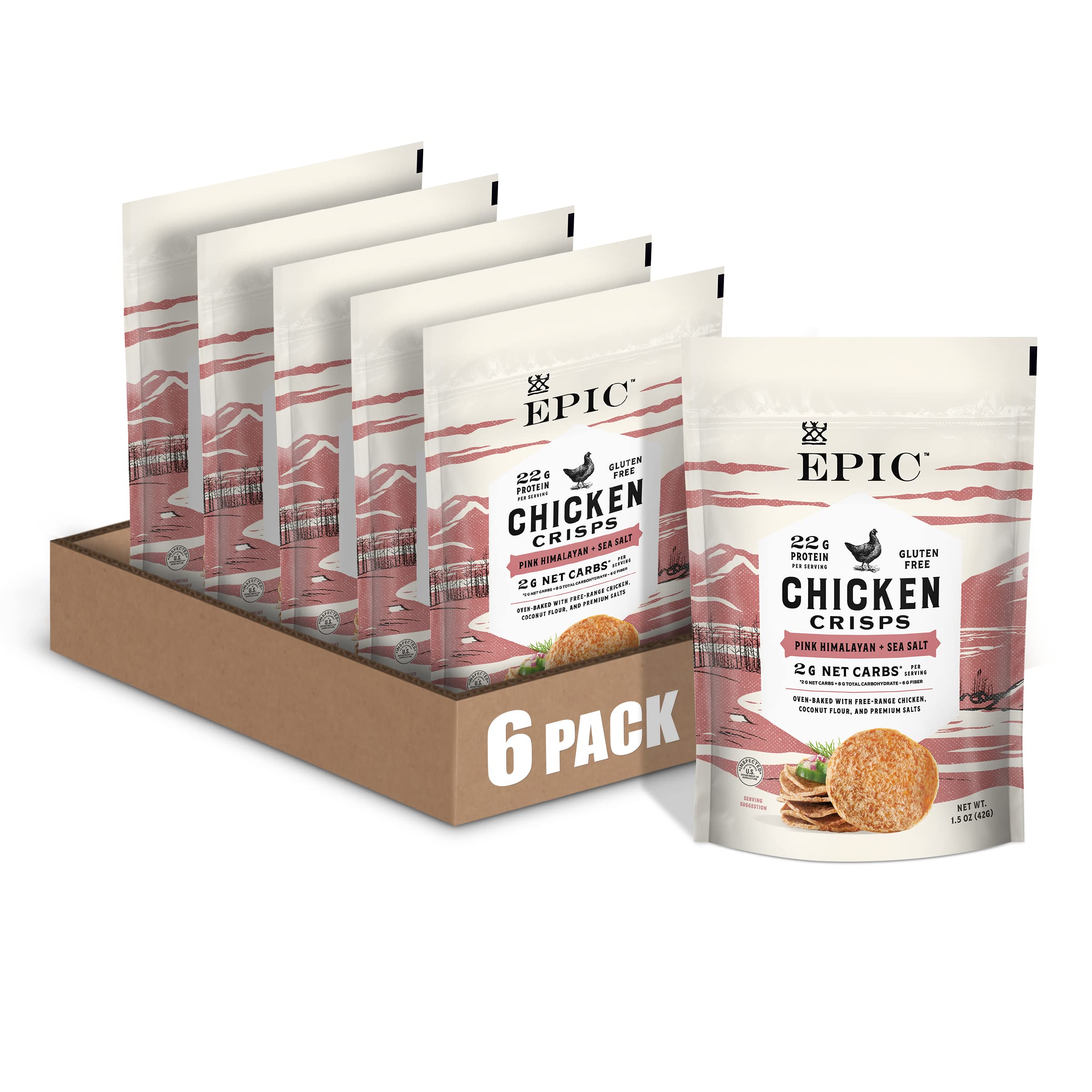 Epic Pink Himalayan Chicken Crisps 22g Protein - 6 x 1.5oz Bags, pouch, 22 g