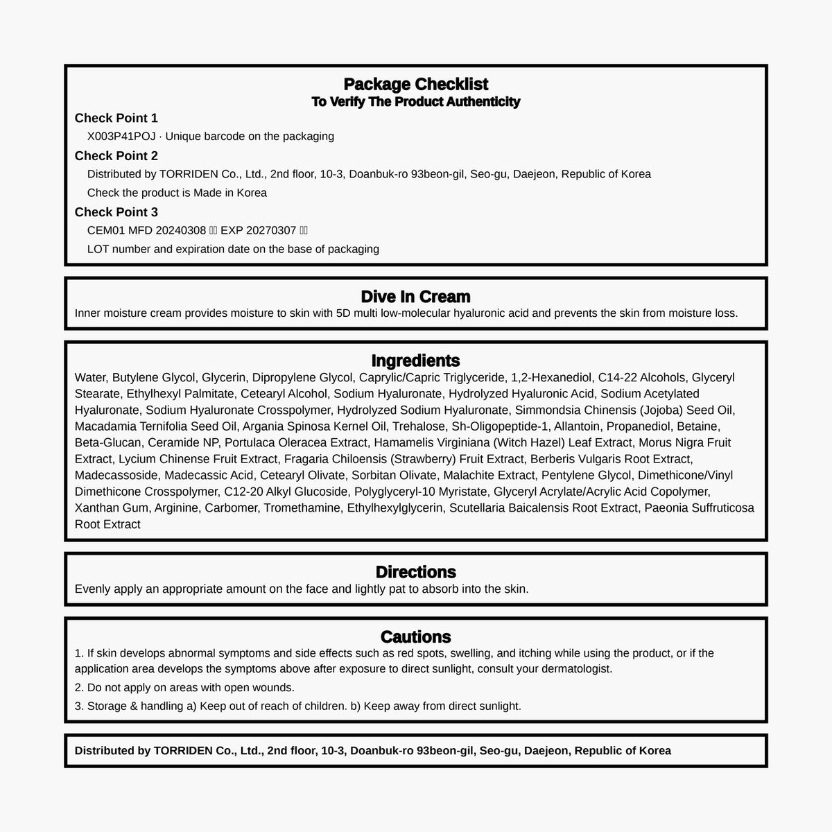 Torriden - Dive-In Low Molecular Hyaluronic Acid Cream 80ml