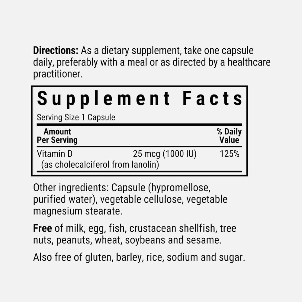 Vitamin D3 1000 IU (25 mcg) - 180 Veggie Capsules