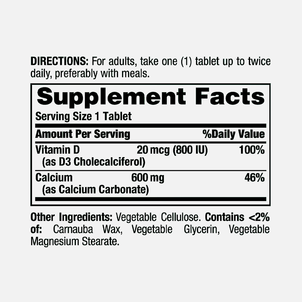 Calcium Carbonate 600mg & Vitamin D3 800IU - 250 Tablets