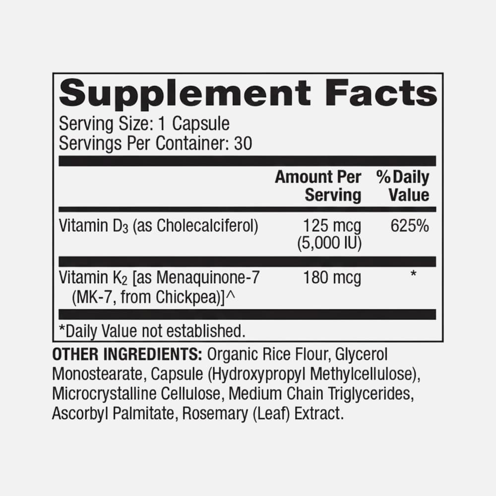 Vitamin D3 5000 IU & K2 180mcg - 30 Capsules