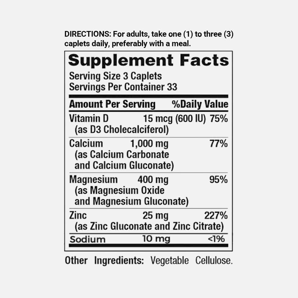 Calcium Magnesium Zinc with Vitamin D3 - 100 Caplets
