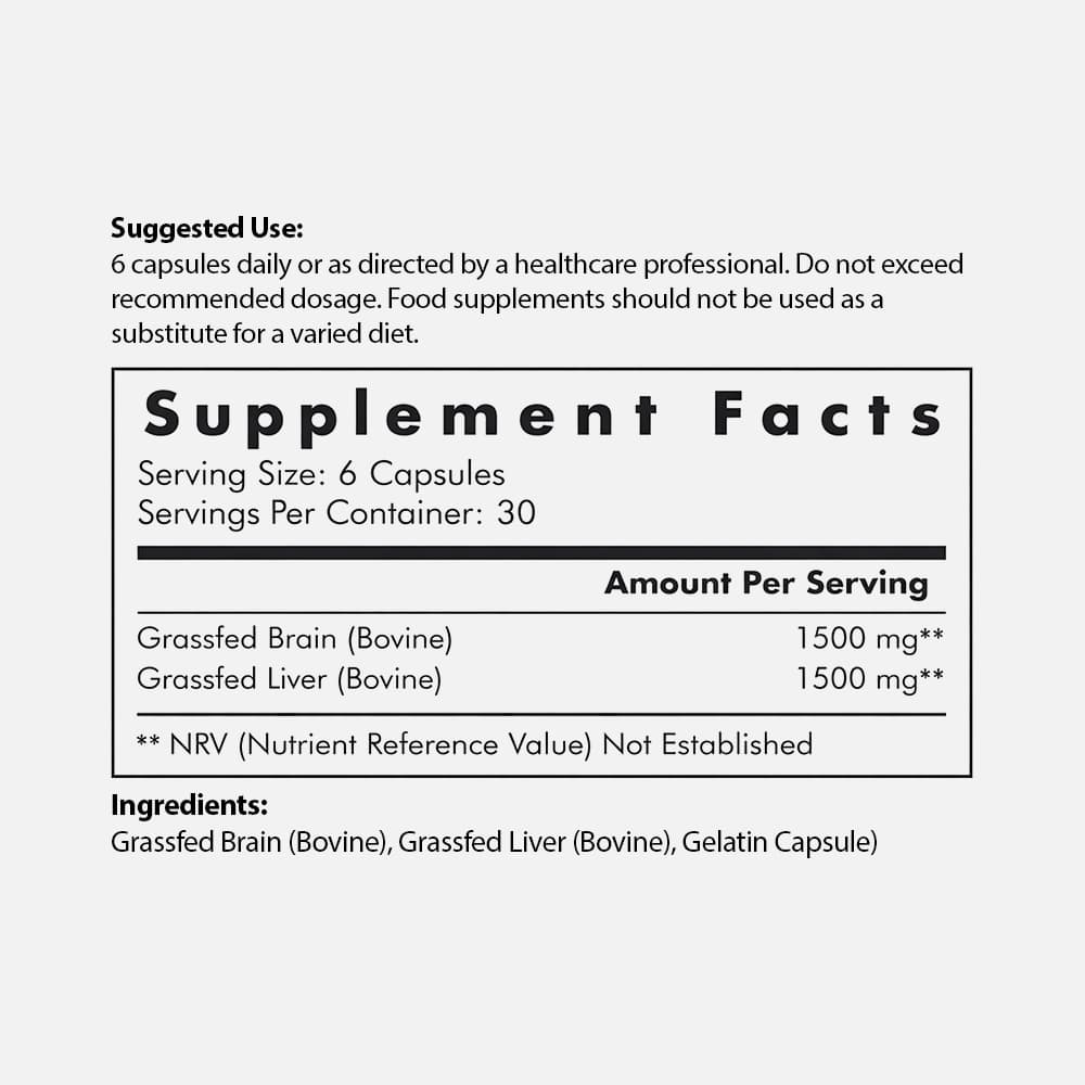Grass Fed Beef Brain & Liver 500mg - 180 Capsules