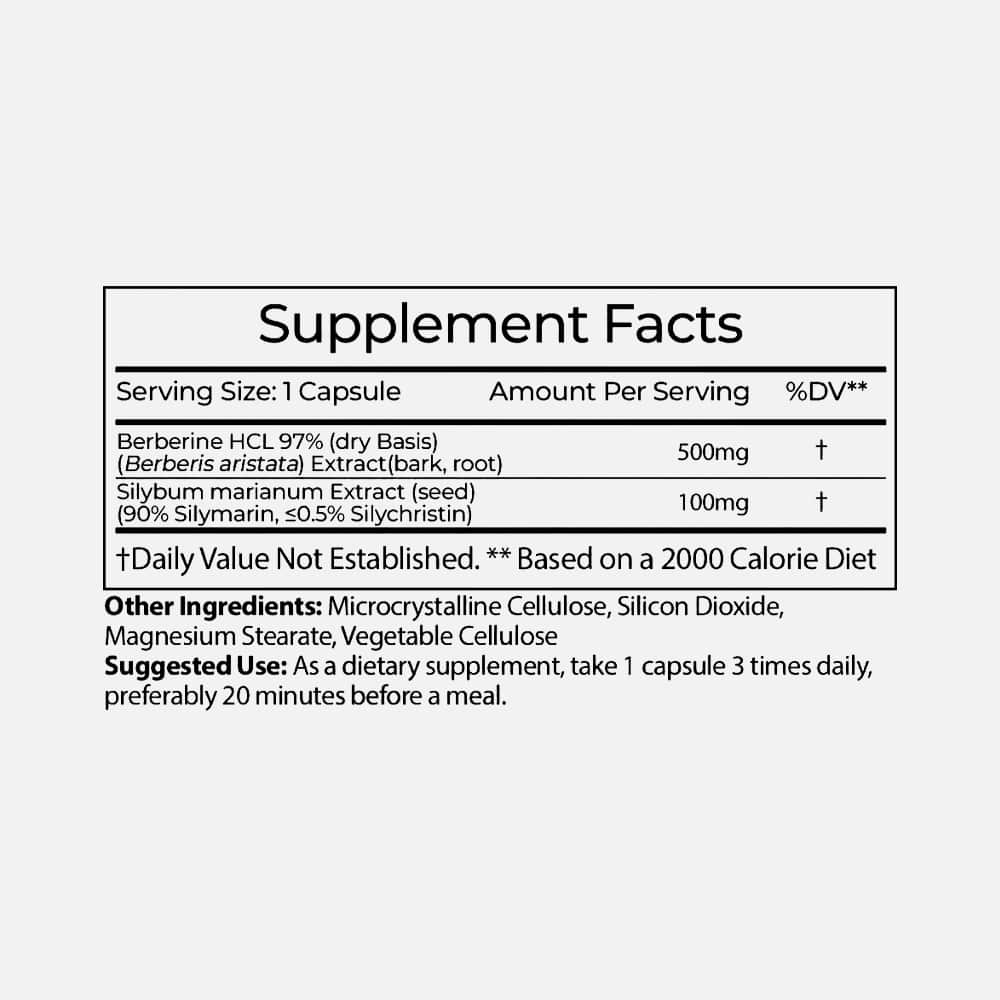 Berberine HCL 500mg + Silymarin 100mg - 60 Capsules