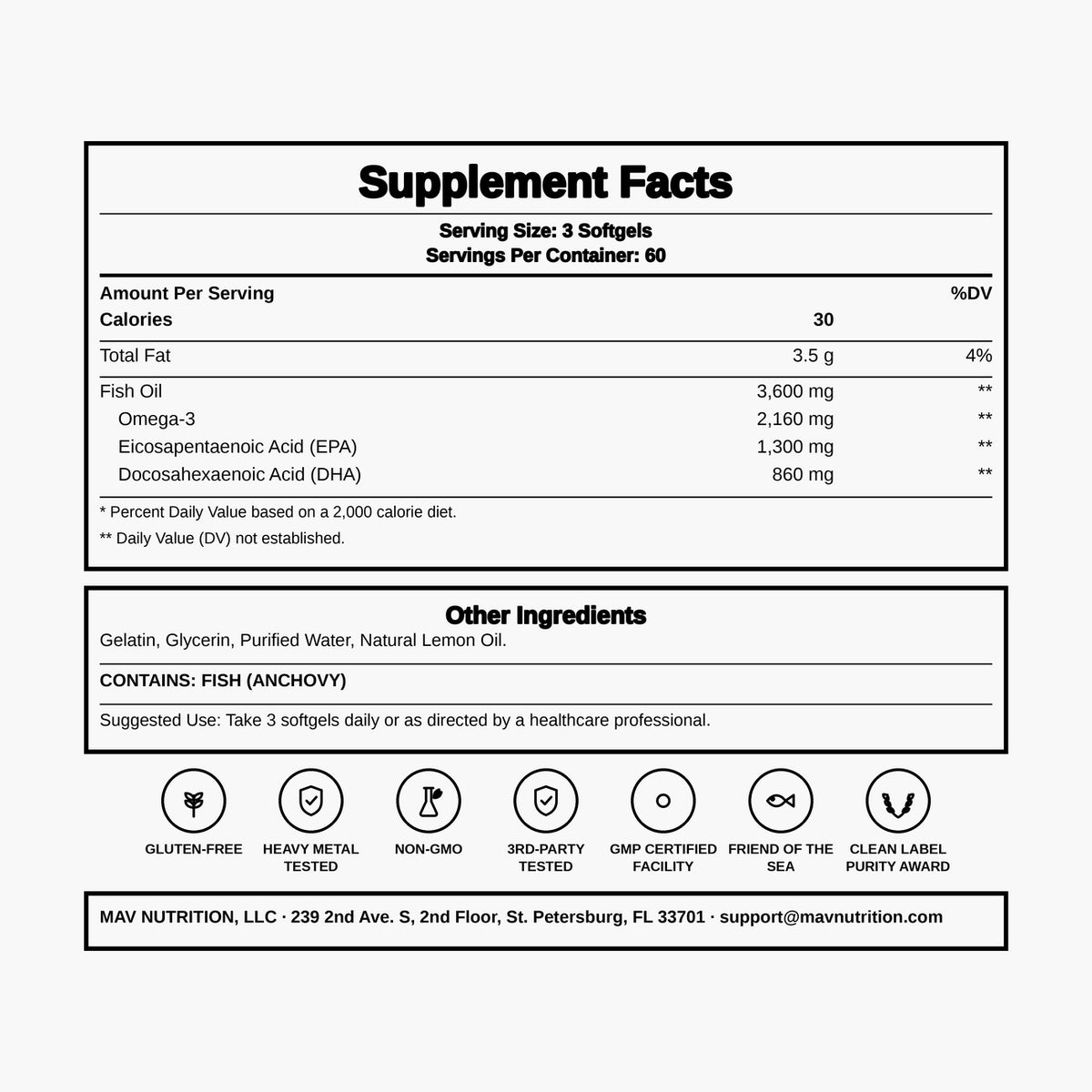 MAV Nutrition - Triple Strength Omega-3 Fish Oil 3600mg - 180 Softgels