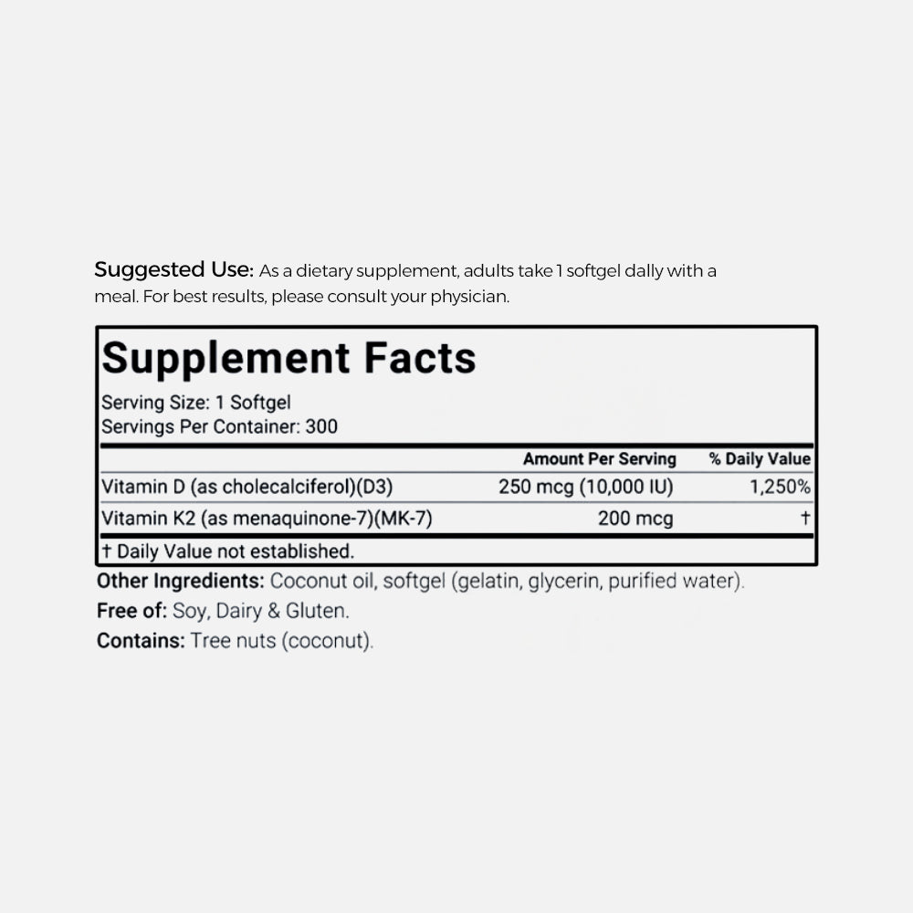 Vitamin D3 10000 IU + K2 MK-7 200mcg - 180 Softgels