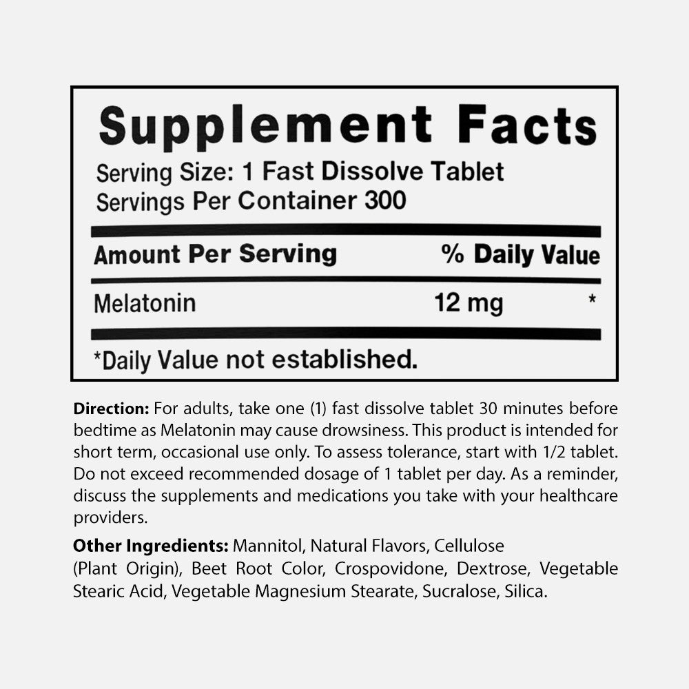 Melatonin 12mg - 300 Fast Dissolve Tablets (Berry)