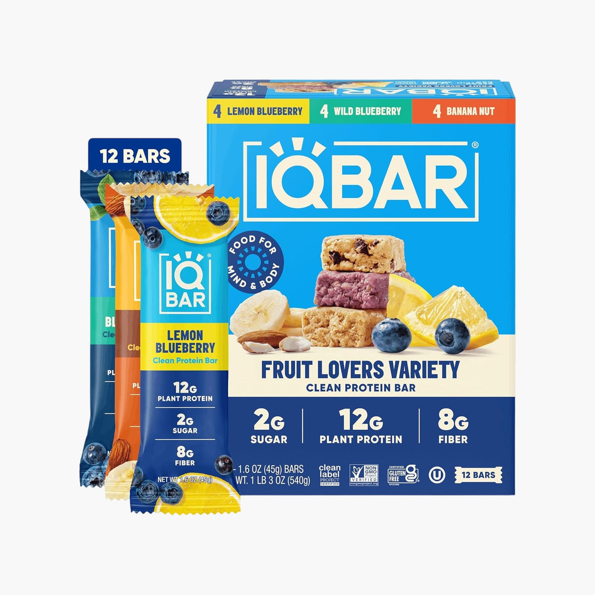 IQBAR - Brain + Body Protein Bars - Fruit Variety - 12 Bars