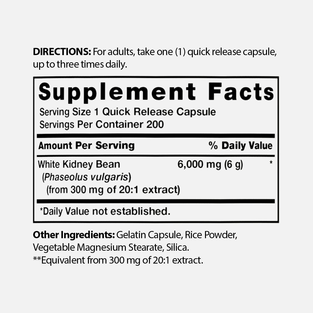 White Kidney Bean Extract 6000mg - 200 Capsules