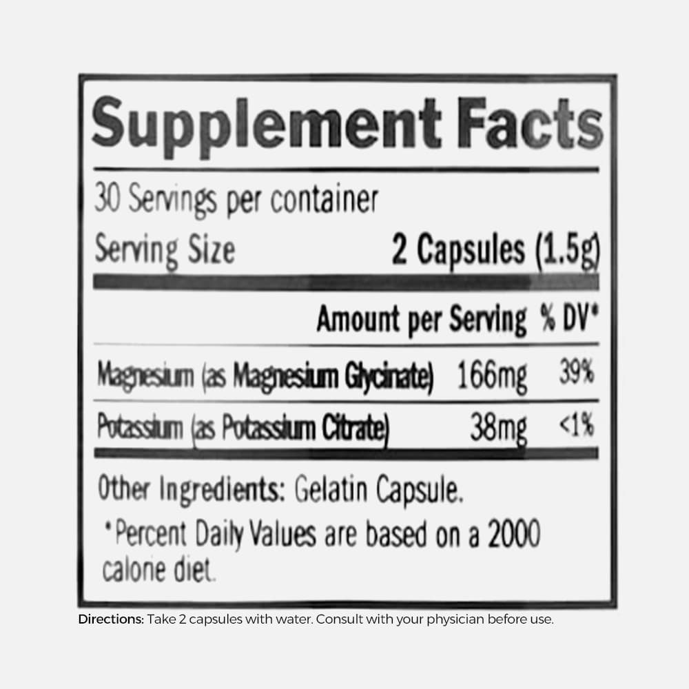 Magnesium Glycinate 166mg + Potassium 38mg - 60 Capsules