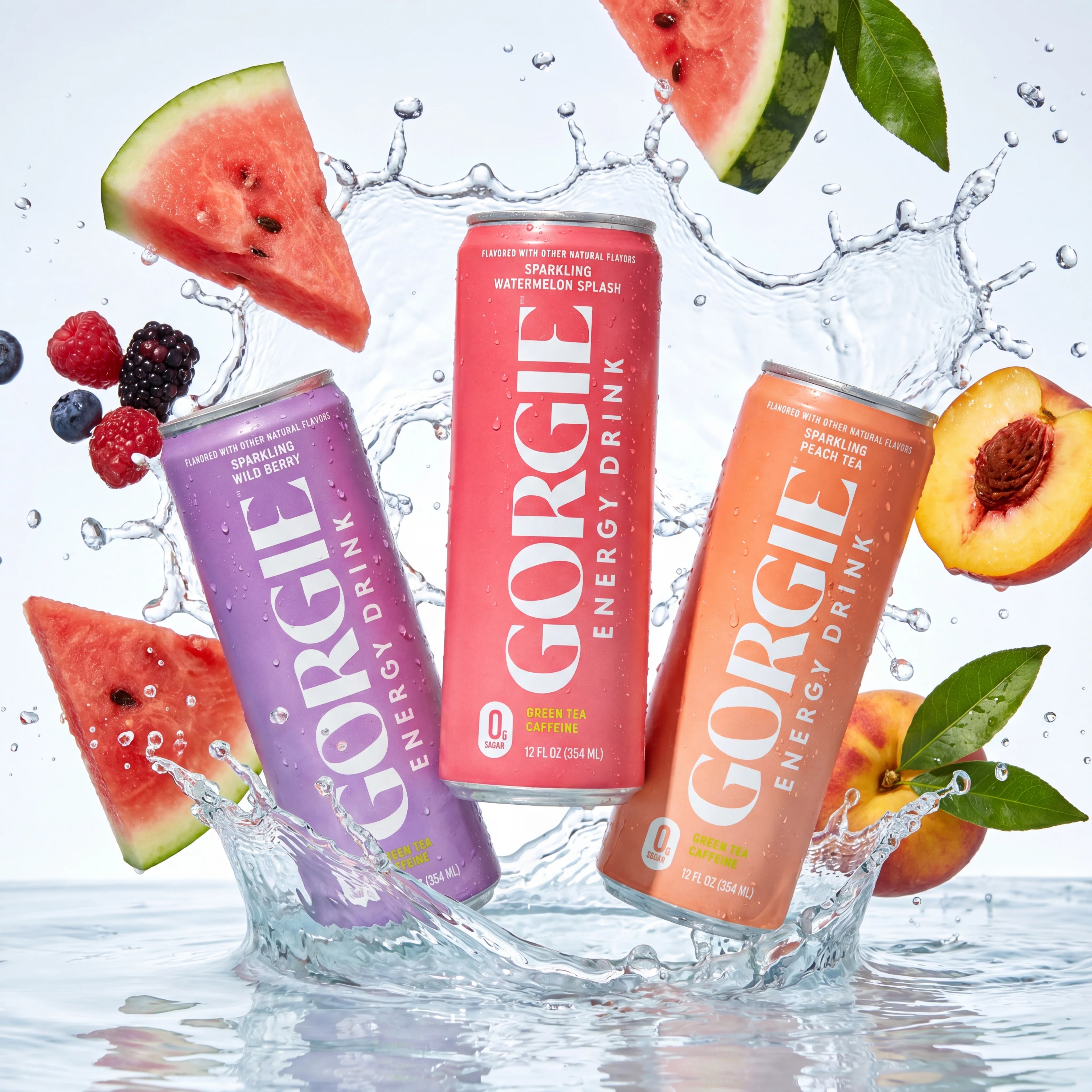 GORGIE Energy Drink 150mg Caffeine - 12 Cans - Watermelon Splash, Wild Berry & Peach Tea