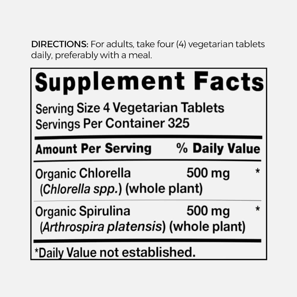 Organic Chlorella Spirulina 1000mg - 1300 Tablets