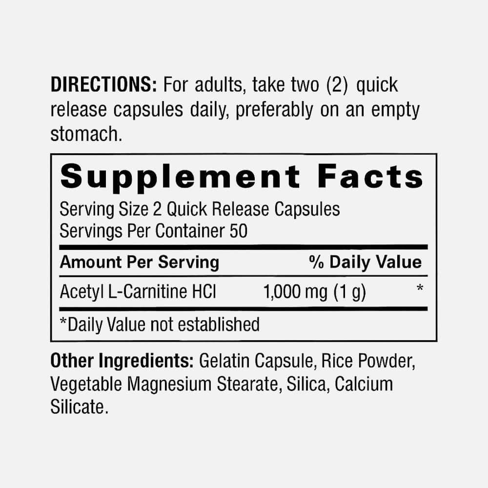 Acetyl L-Carnitine HCL 1000mg - 100 Capsules