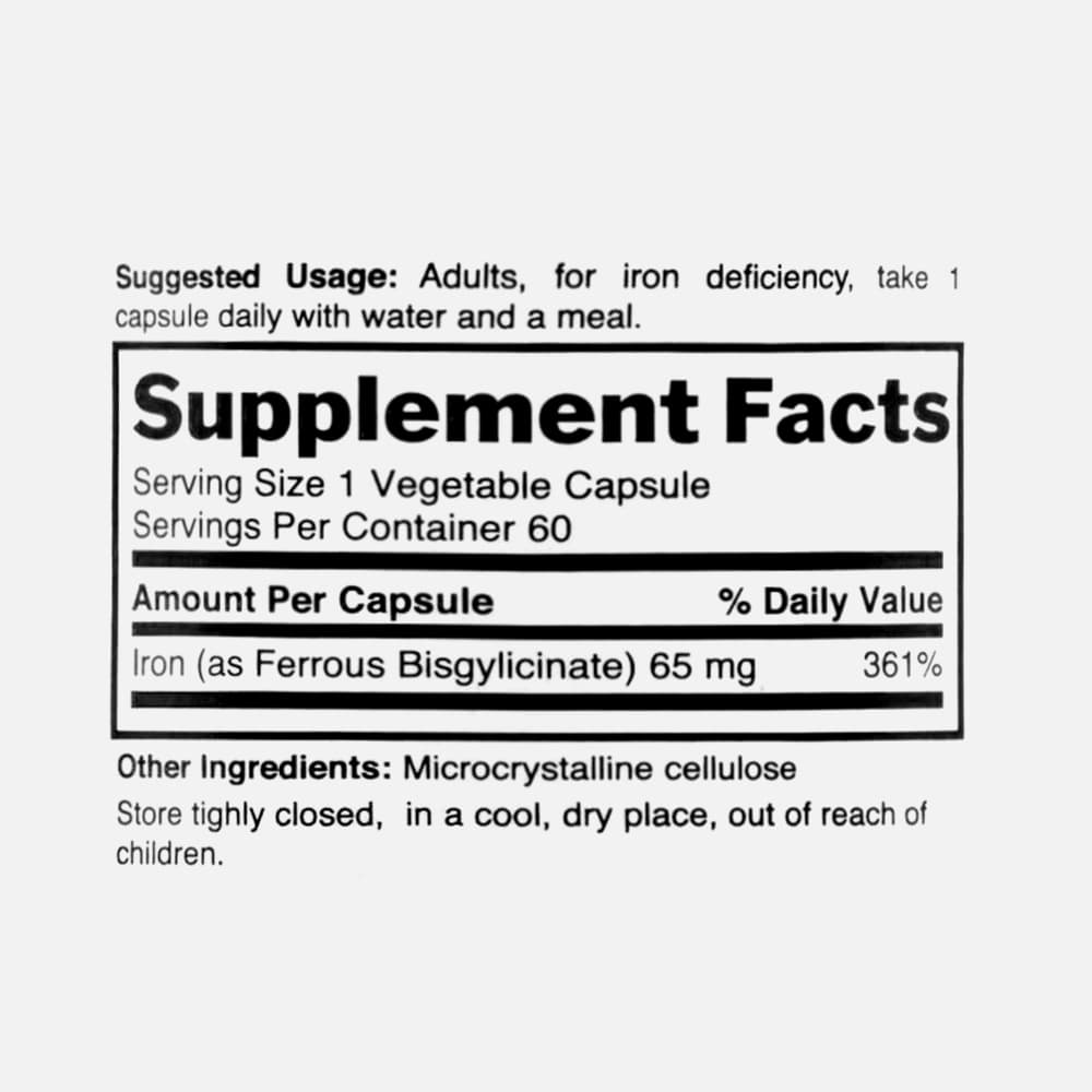 Iron (Ferrous Bisglycinate) 65mg - 60 Capsules