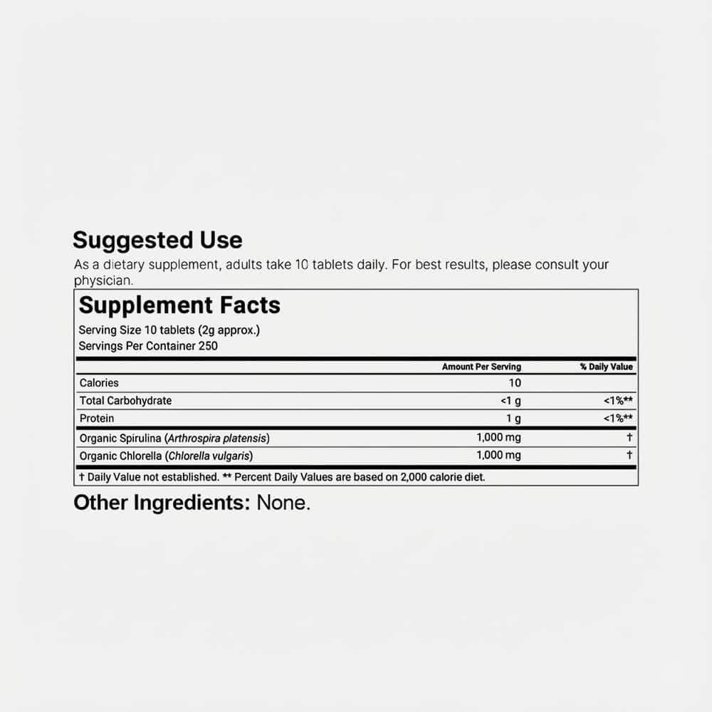 Organic Spirulina Chlorella 2000mg - 2,500 Mini Tablets