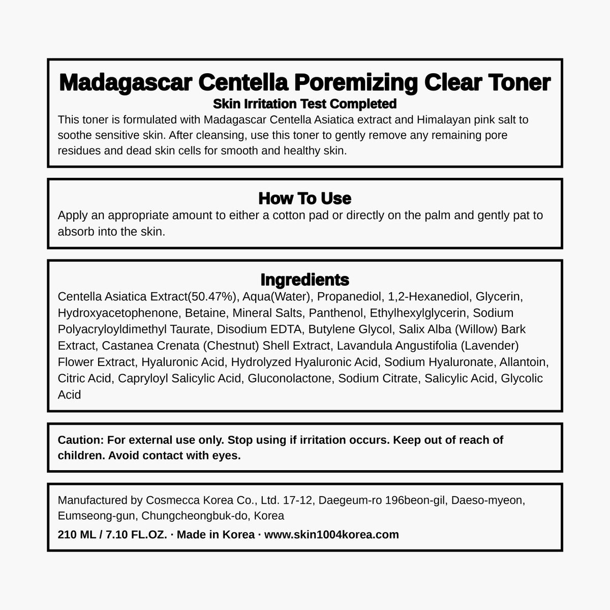 SKIN1004 - Madagascar Centella Poremizing Clear Toner 210ml