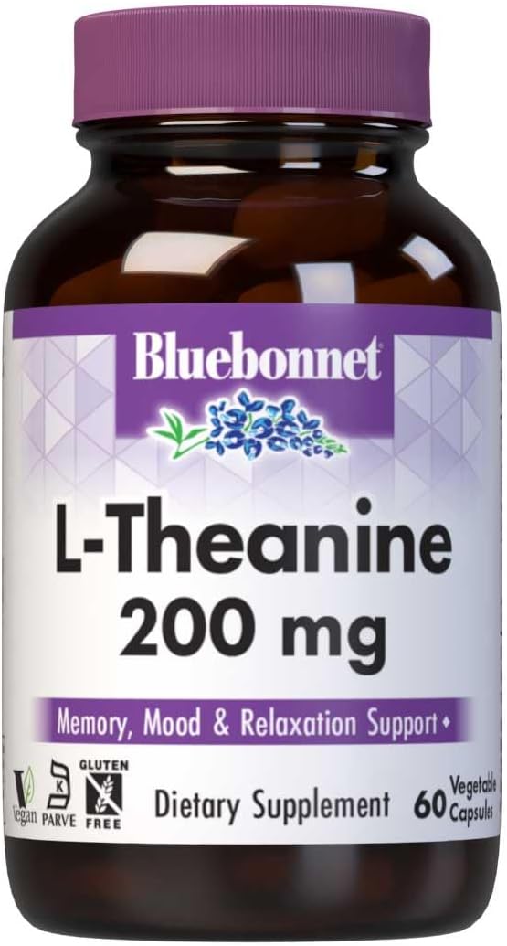 BlueBonnet L-Theanine 200mg - 60 Vegetable, supplement bottle, 200 mg