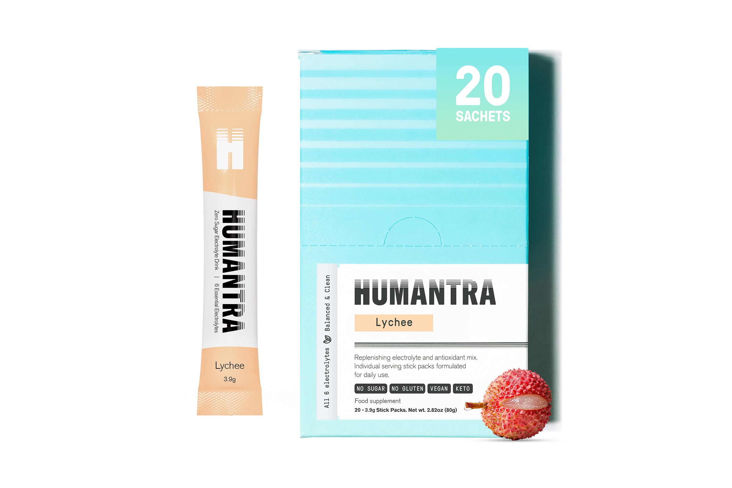 Humantra Electrolyte Powder – Lychee (20 Sachets) | 6-Electrolyte Hydration | Plant-Based, Vegan, Sugar Free & Gluten Free