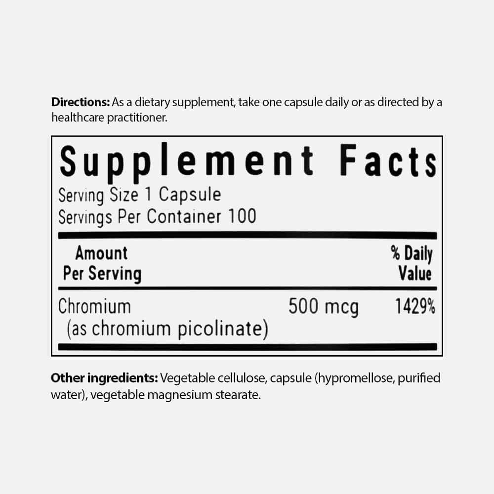 Chromium Picolinate 500mcg - 100 Vegetable Capsules