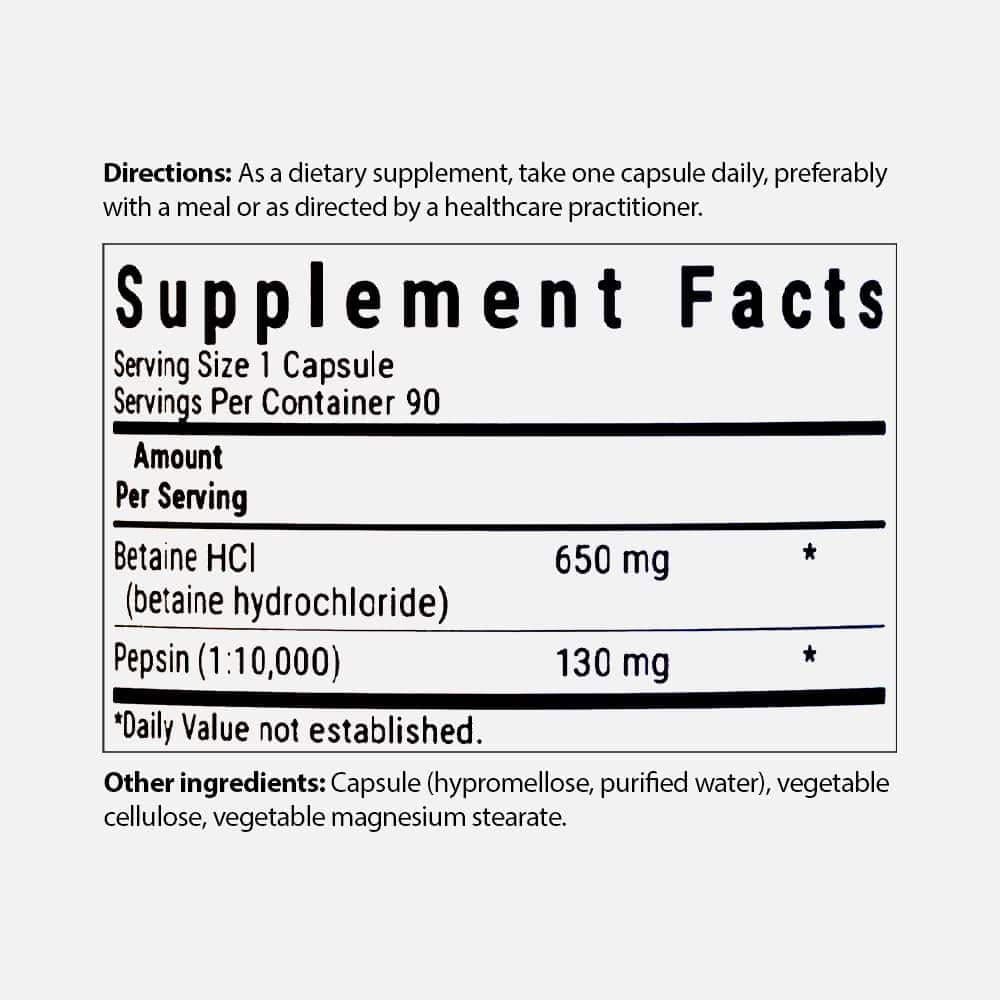 Betaine HCl 650mg with Pepsin 130mg - 90 Capsules