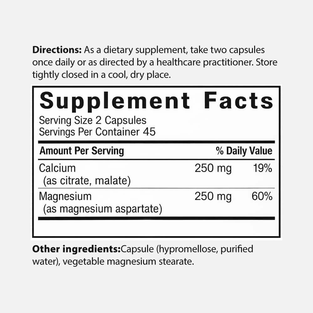 Calcium Magnesium 250mg 1:1 - 90 Veg Capsules