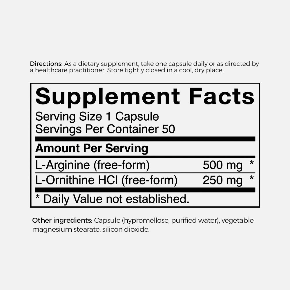 L-Arginine 500mg & L-Ornithine 250mg - 50 Veg Capsules