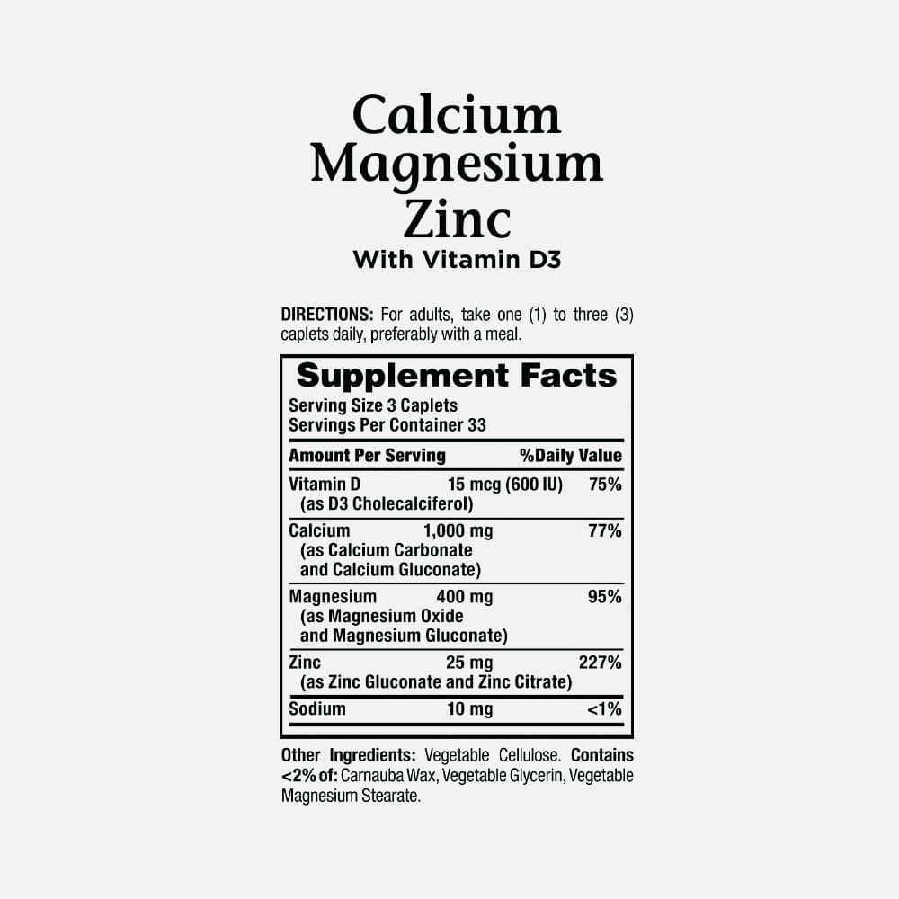 Calcium Magnesium Zinc with Vitamin D3 1000mg - 100 Caplets