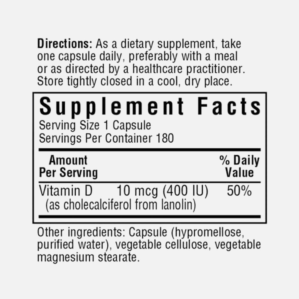Vitamin D3 400 IU - 180 Vegetable Capsules