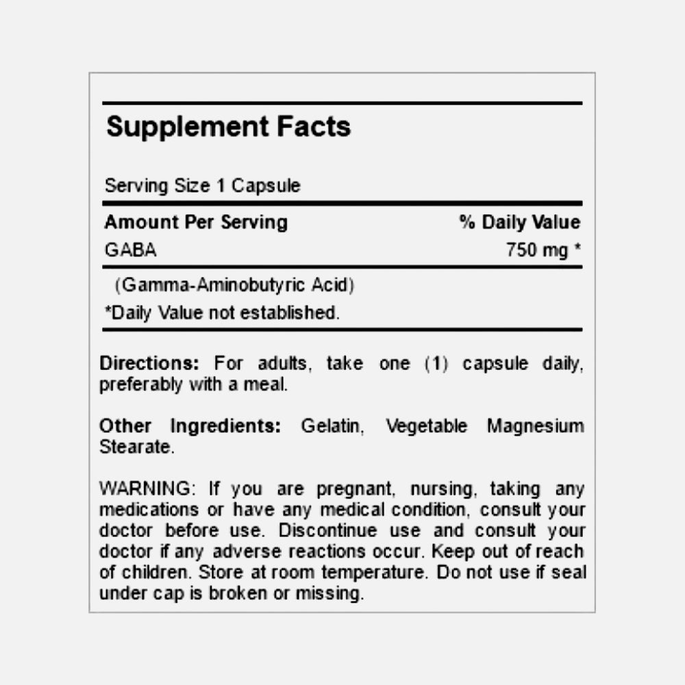 GABA (Gamma Aminobutyric Acid) 750mg - 90 Capsules