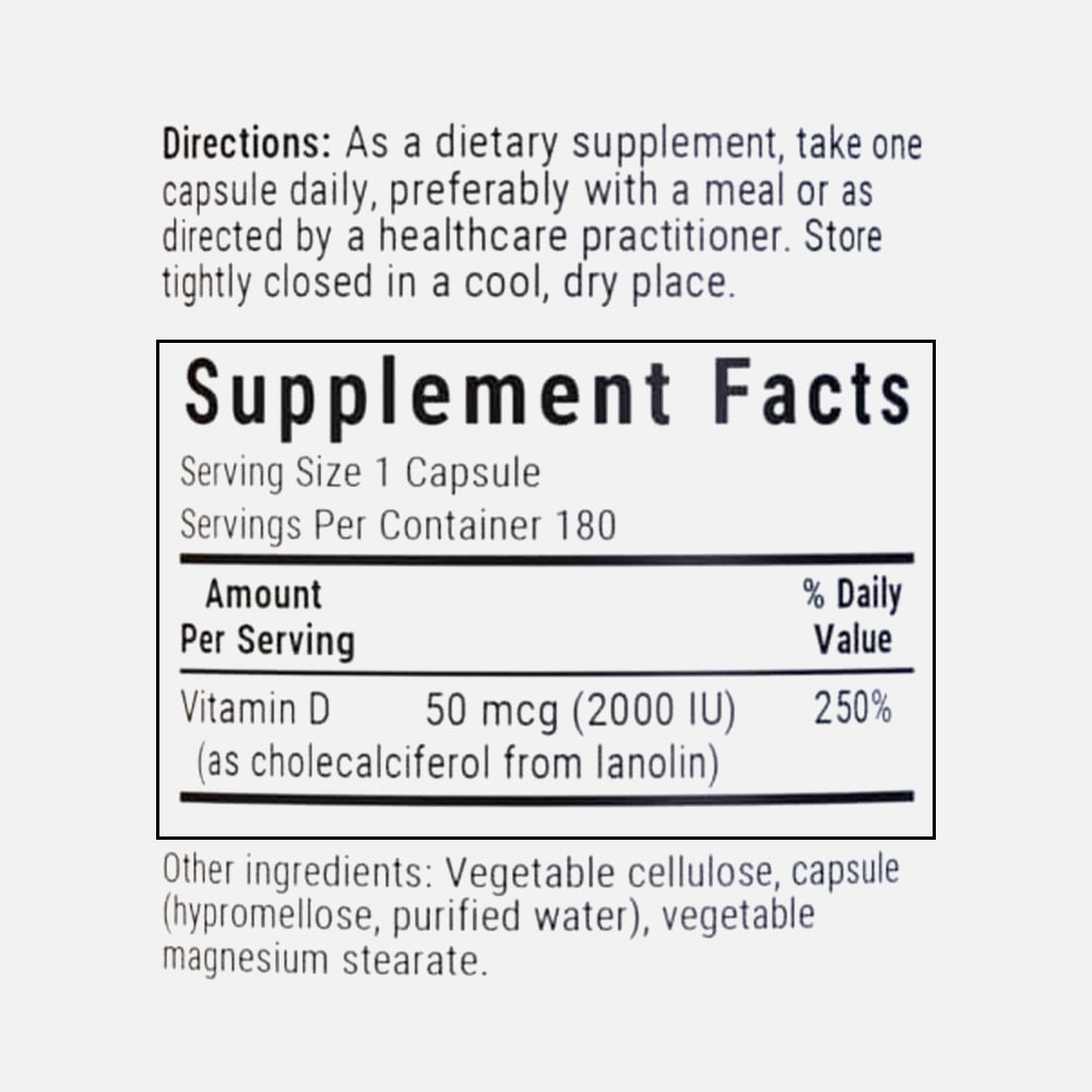 Vitamin D3 2000 IU - 180 Vegetable Capsules