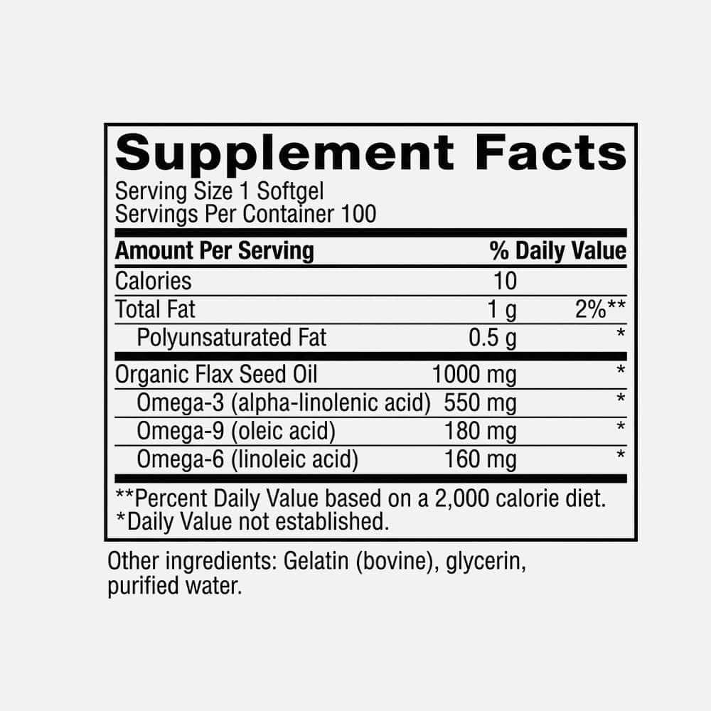 Organic Flax Seed Oil 1000mg - 100 Softgels