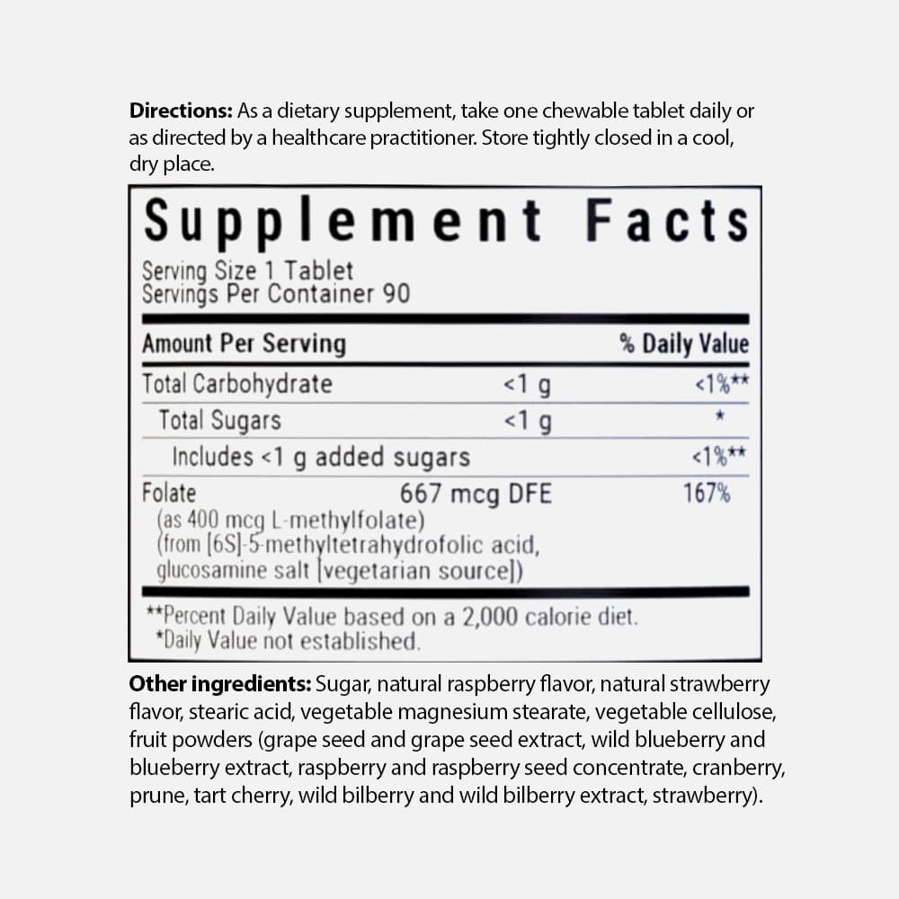 Methylfolate 400mcg (5-MTHF Quatrefolic) - 90 Chewables