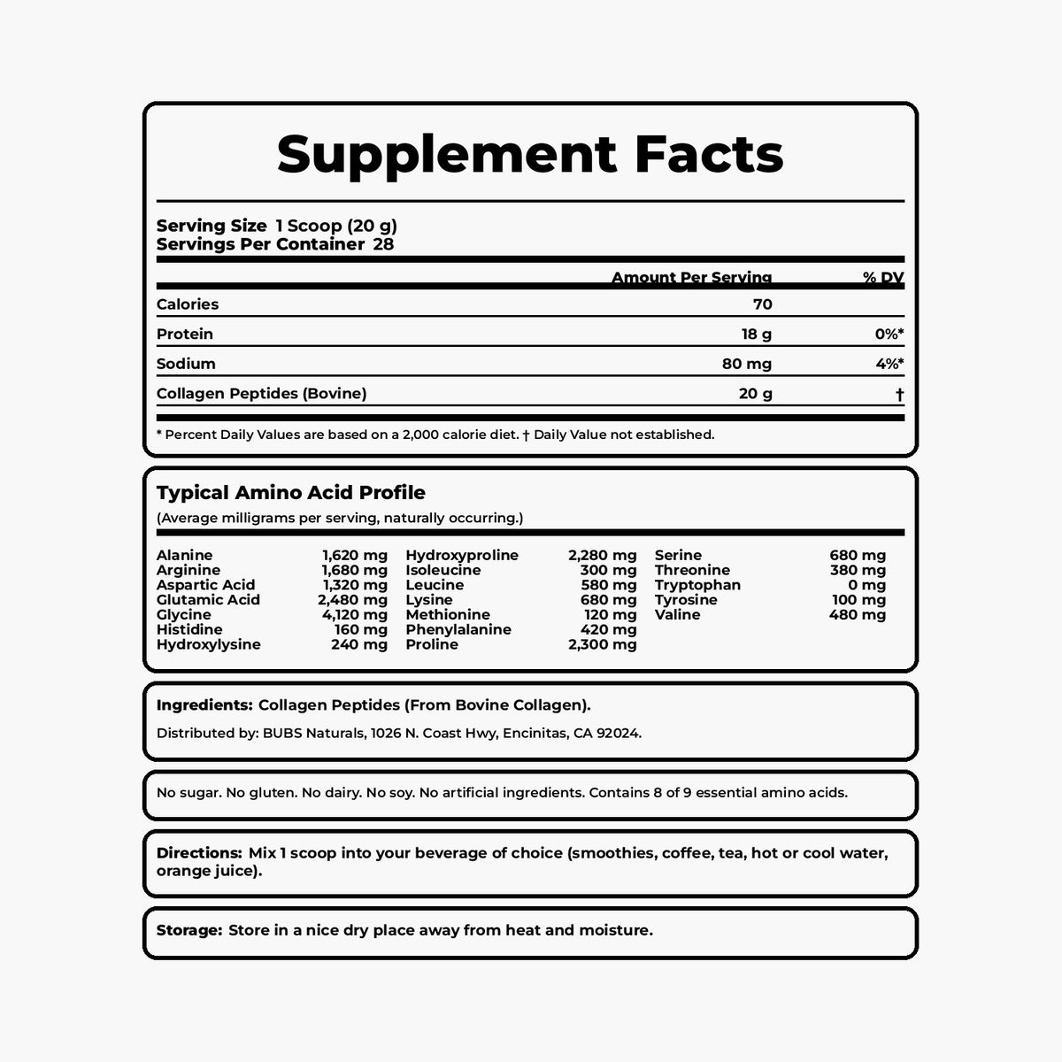 BUBS Naturals - Collagen Peptides Powder - Unflavored - 20 oz - 28 Servings