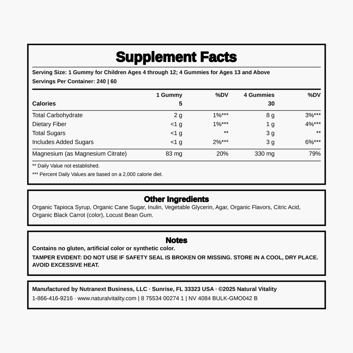 Natural Vitality - Calm Magnesium Citrate Gummies - Raspberry Lemon - 240 Count