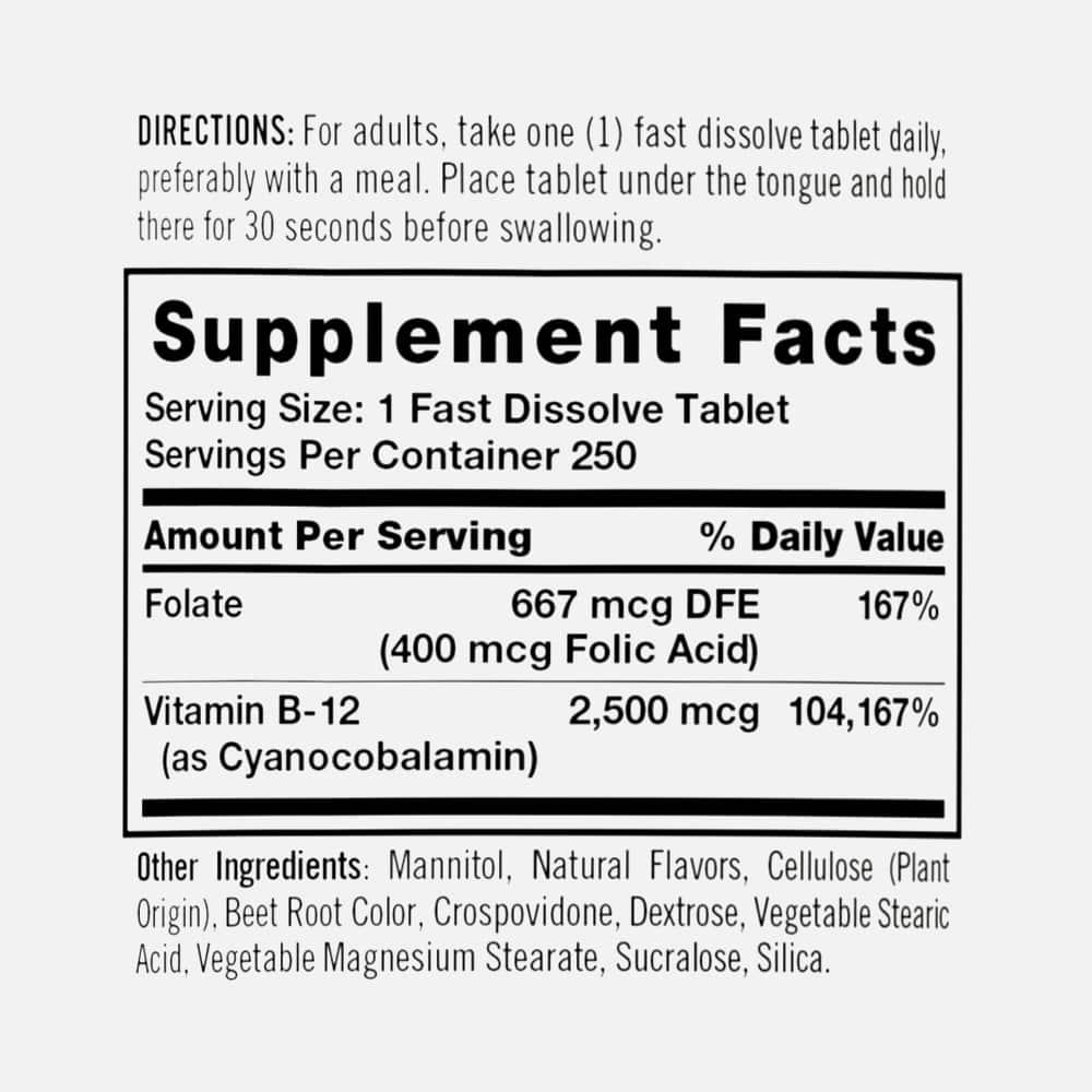 Vitamin B12 2500mcg with Folic Acid - 250 Tablets