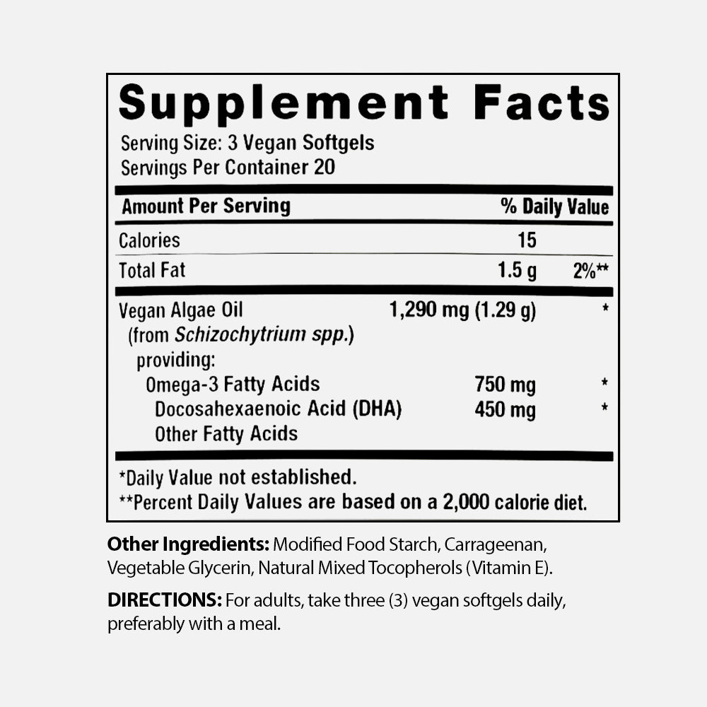 Vegan Omega 3 250 mg - 60 Softgels (Algae Oil)