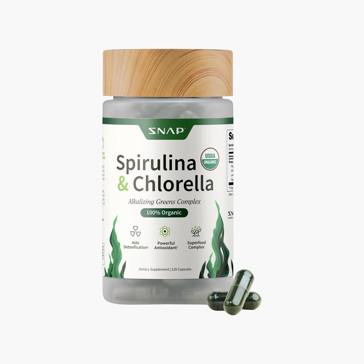 Snap Supplements - Organic Spirulina and Chlorella - 120 Capsules