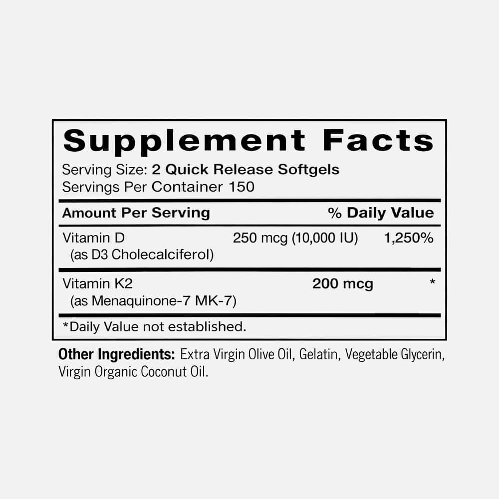 Vitamin K2 MK7 200mcg & D3 10,000 IU - 300 Softgels