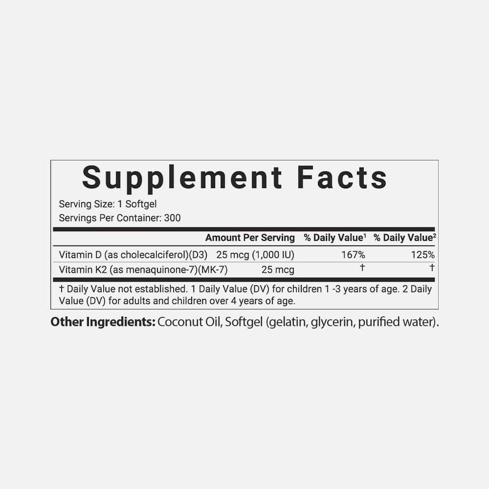 Vitamin D3 1,000 IU + K2 MK-7 25mcg - 300 Softgels