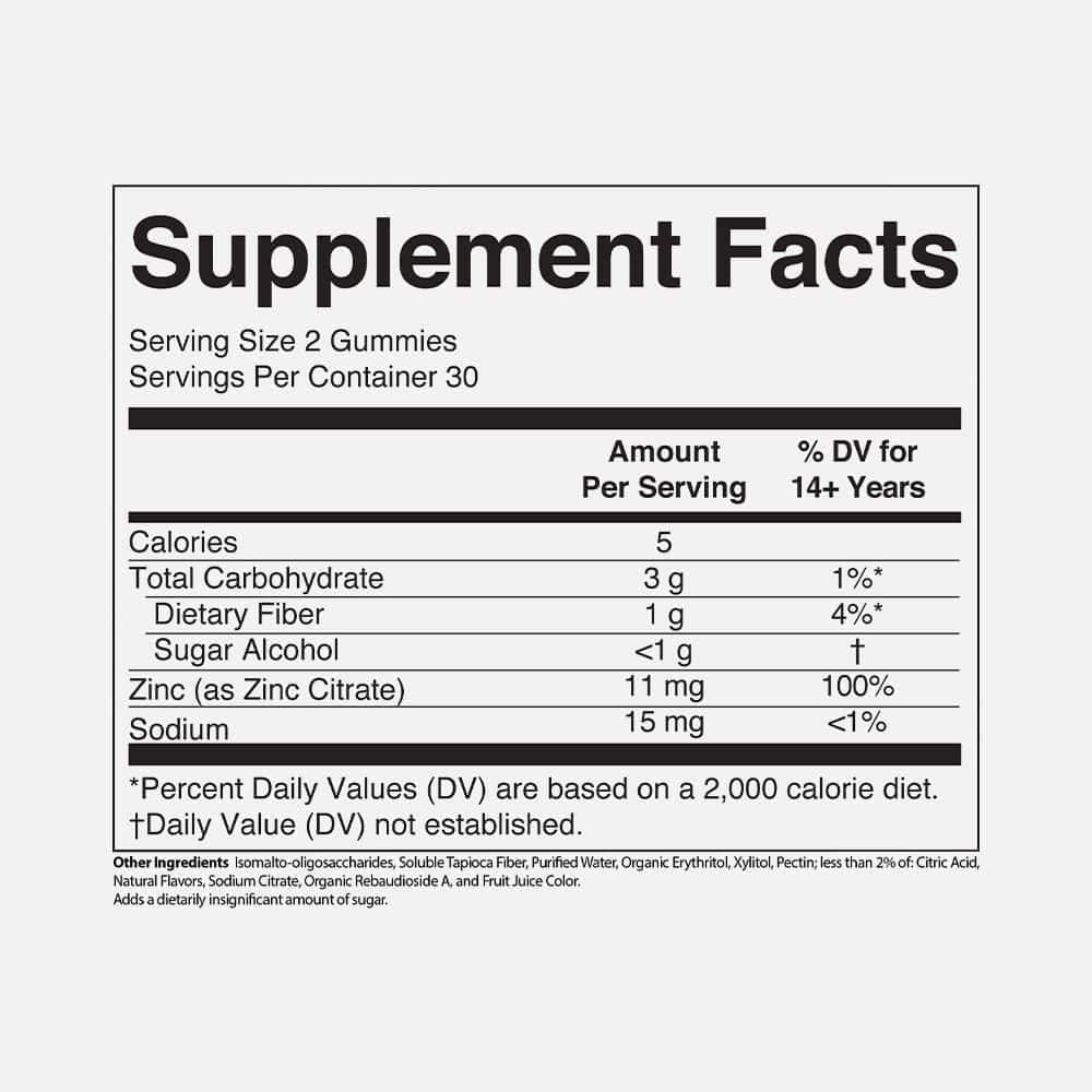 Zinc 10mg - 60 Vegan Gummies (Tart Raspberry)