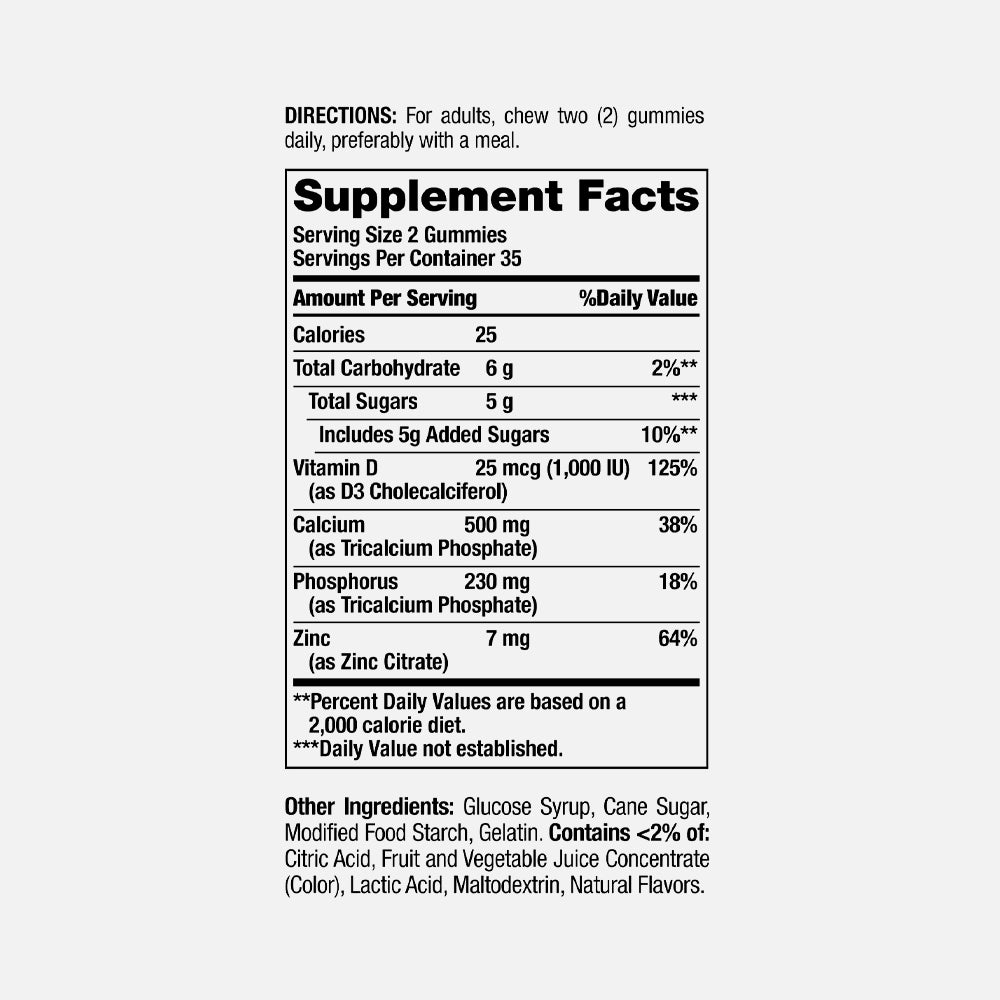 Calcium + D3 + Zinc 500mg - 70 Gummies (Orange & Cherry)