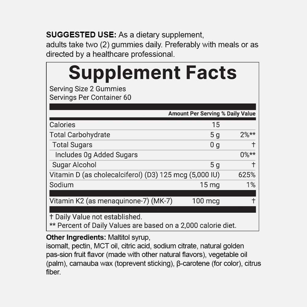 Vitamin D3 5000 IU + K2 MK-7 100mcg - 120 Gummies