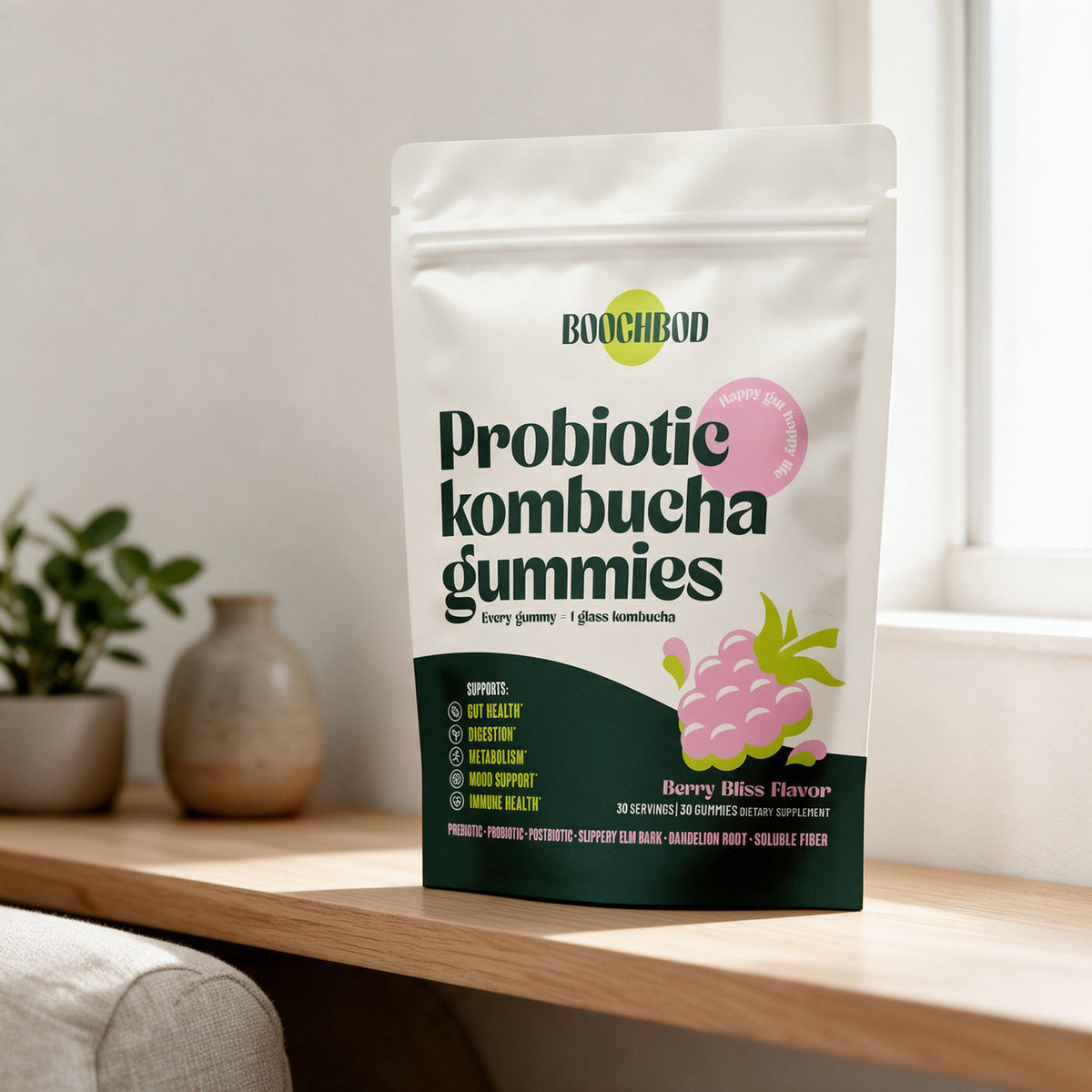 BoochBod - Probiotic Kombucha Gummies - Raspberry - 30 Gummies
