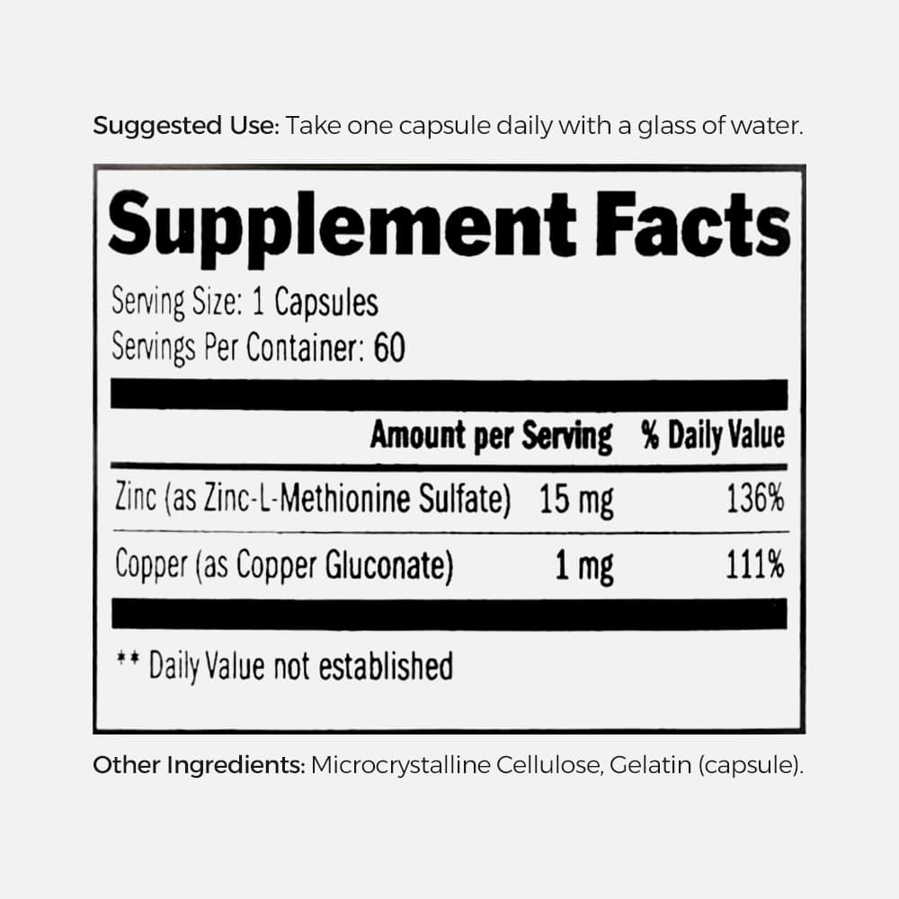 Zinc L-Methionine 15mg with Copper 1mg - 60 Capsules