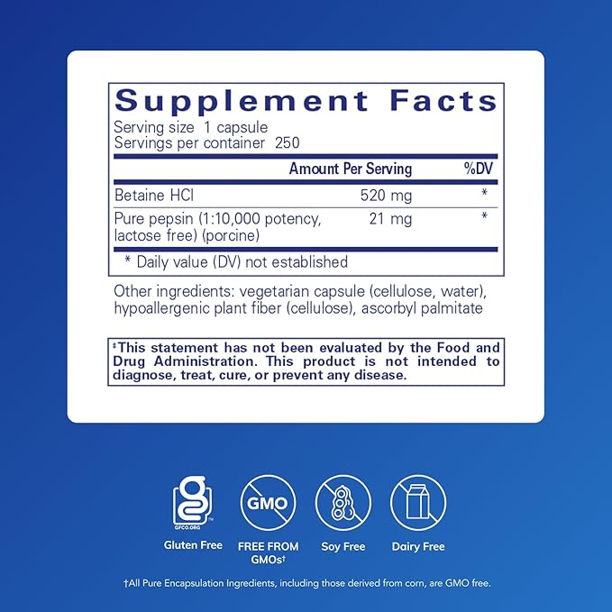 Pure Encapsulations Betaine HCl Pepsin - 250 Capsules